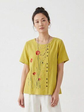 Cellabie Top Artsy Poppy Minimalist Lagenlook Yellow L NWT
